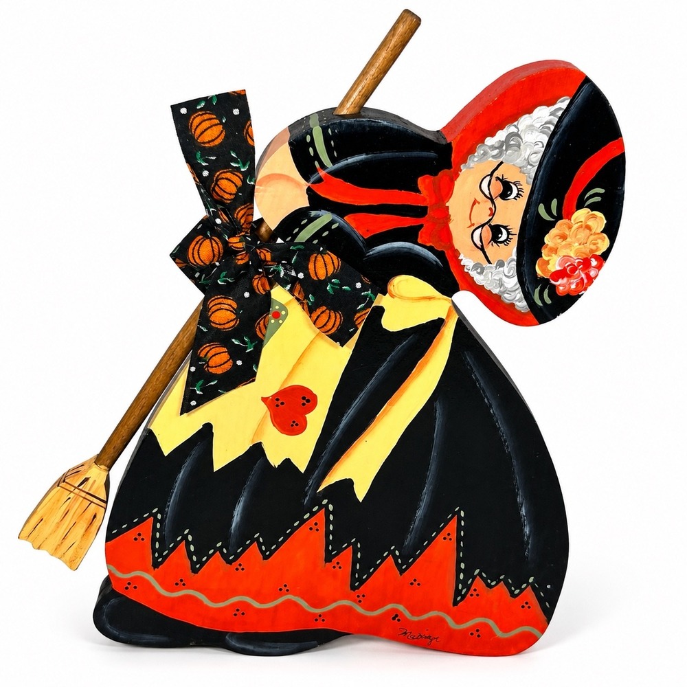 Vintage Hand Painted Wooden Witch Wall Hanging Folk Art Halloween Decor Broom